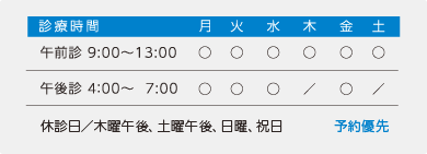 診療時間
午前診 月~土 9:00~12:00
午後診 月、火、水、金 4:00~7:00
休診日:木曜・土曜午後、日曜・祝日